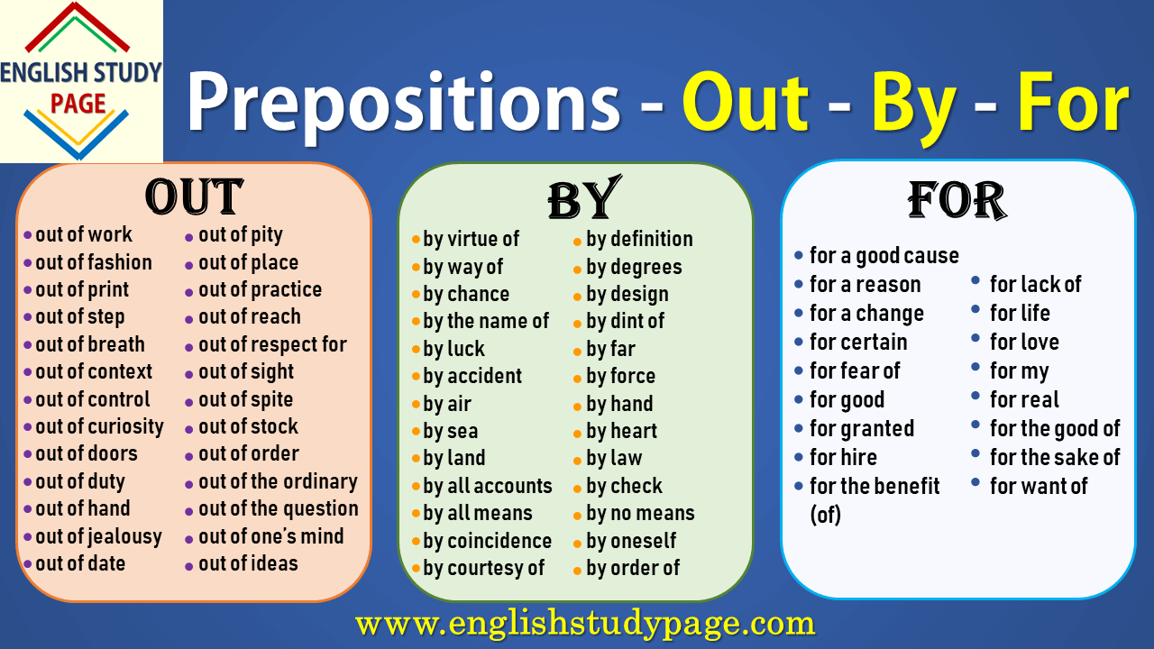 Prepositions - Out, By, For