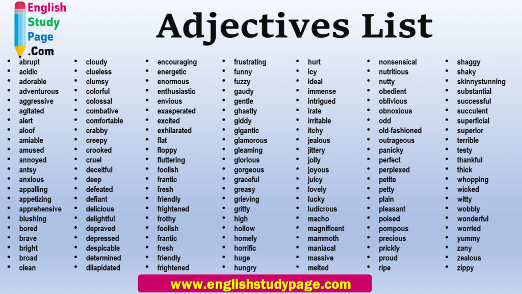 Adjectives List in English - English Study Page