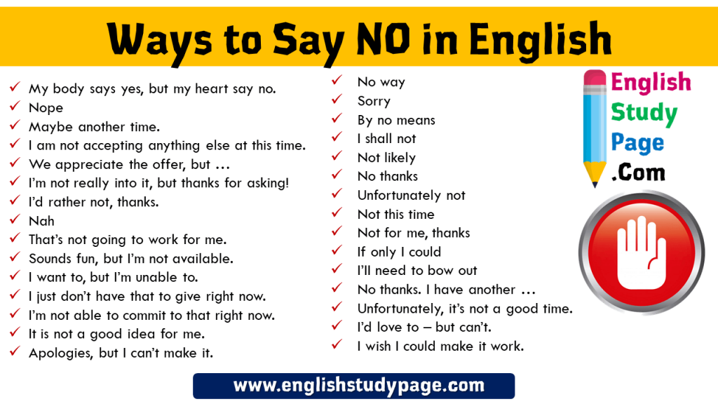  28 Ways To Say NO In English English Study Page