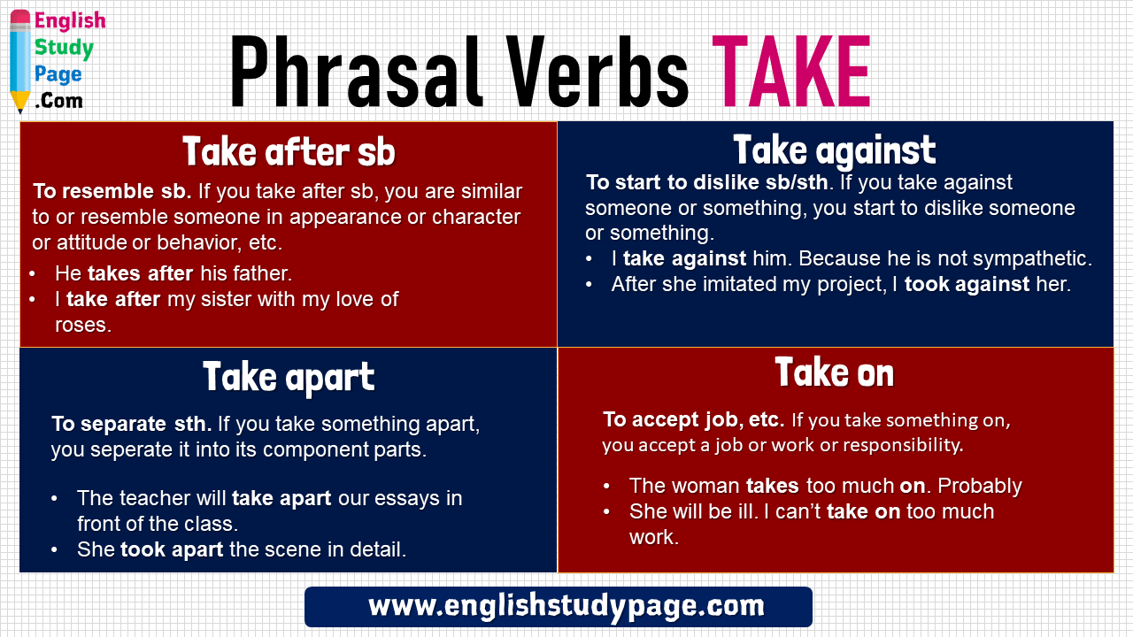 11 English Phrasal Verbs With Take, Meaning, Example Sentences