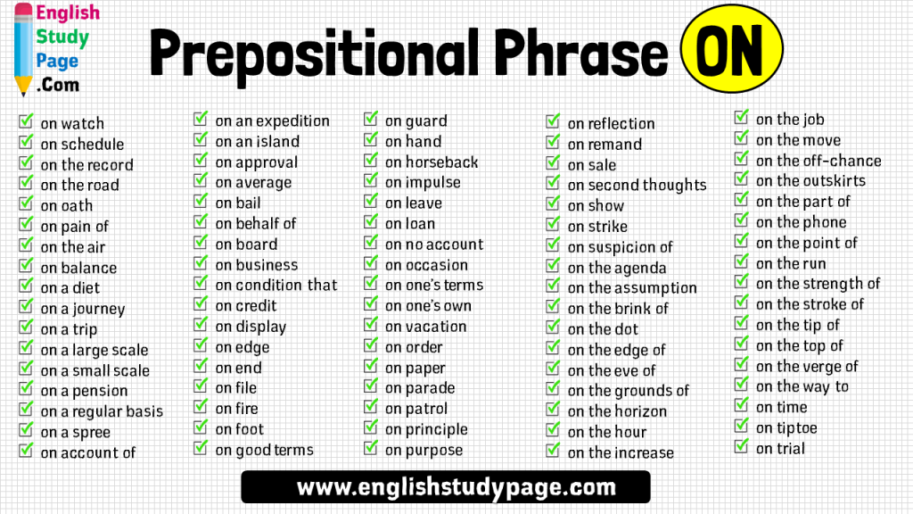 Prepositional Phrase ON Detailed List English Study Page