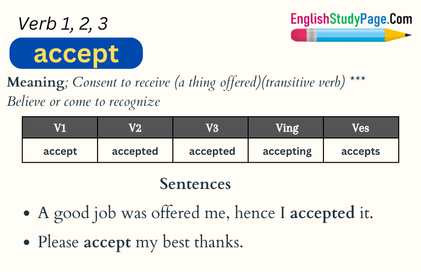 Accept Verb 1 2 3, Past and Past Participle Form Tense of Accept