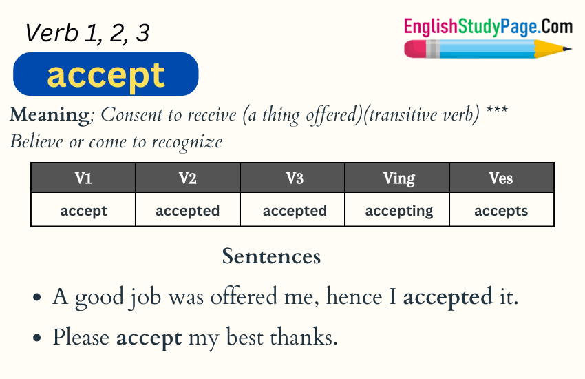 Past And Past Participle Form Tense Of Accept Archives English Study Page