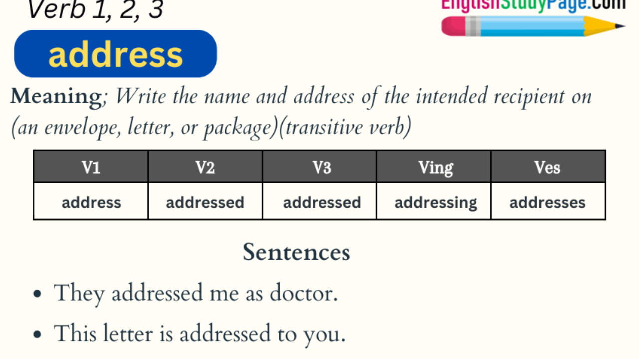 Address Verb 1 2 3, Past and Past Participle Form Tense of Address -  English Study Page