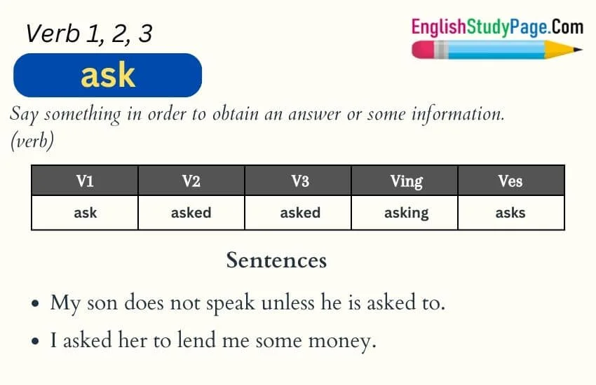 Ask Verb 1 2 3, Past and Past Participle Form Tense of Ask V1 V2 V3 ...