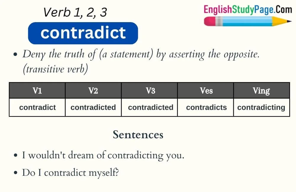 Contradict Verb 1 2 3, Past and Past Participle Form Tense of ...