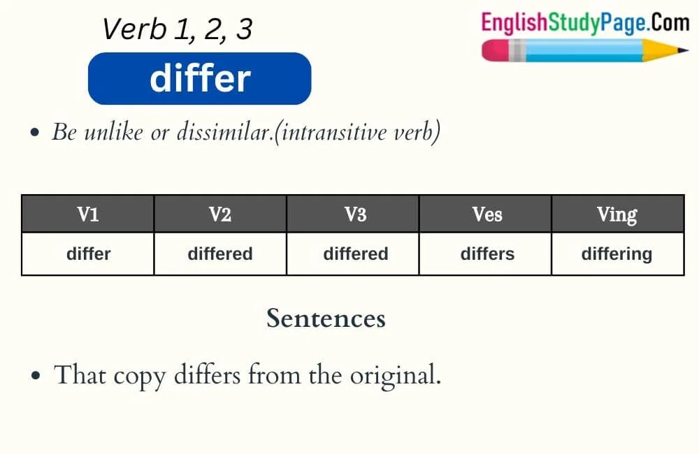 Differ Verb 1 2 3, Past and Past Participle Form Tense of Differ V1 V2