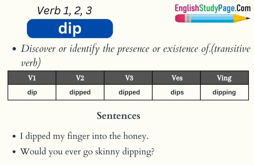 Dip Verb 1 2 3, Past and Past Participle Form Tense of Dip V1 V2 V3 English Study Page