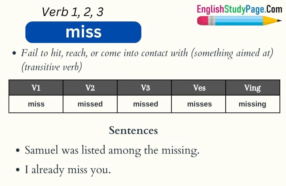 Miss Past Simple, Simple Past Tense of Miss Past Participle, V1 V2 V3 Form  Of Miss Miss means: fail to notice, h…