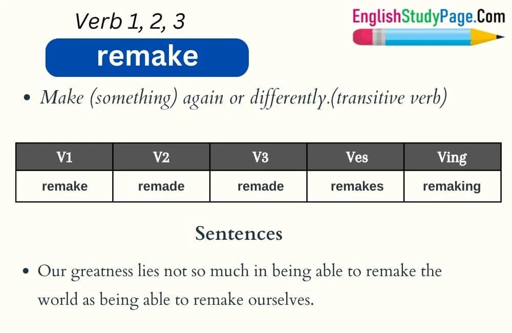 Remake Verb 1 2 3, Past and Past Participle Form Tense of Remake V1 V2 ...